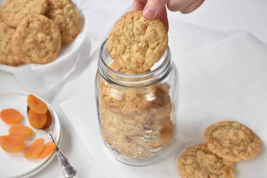 Oat cookie being taken out of jar.