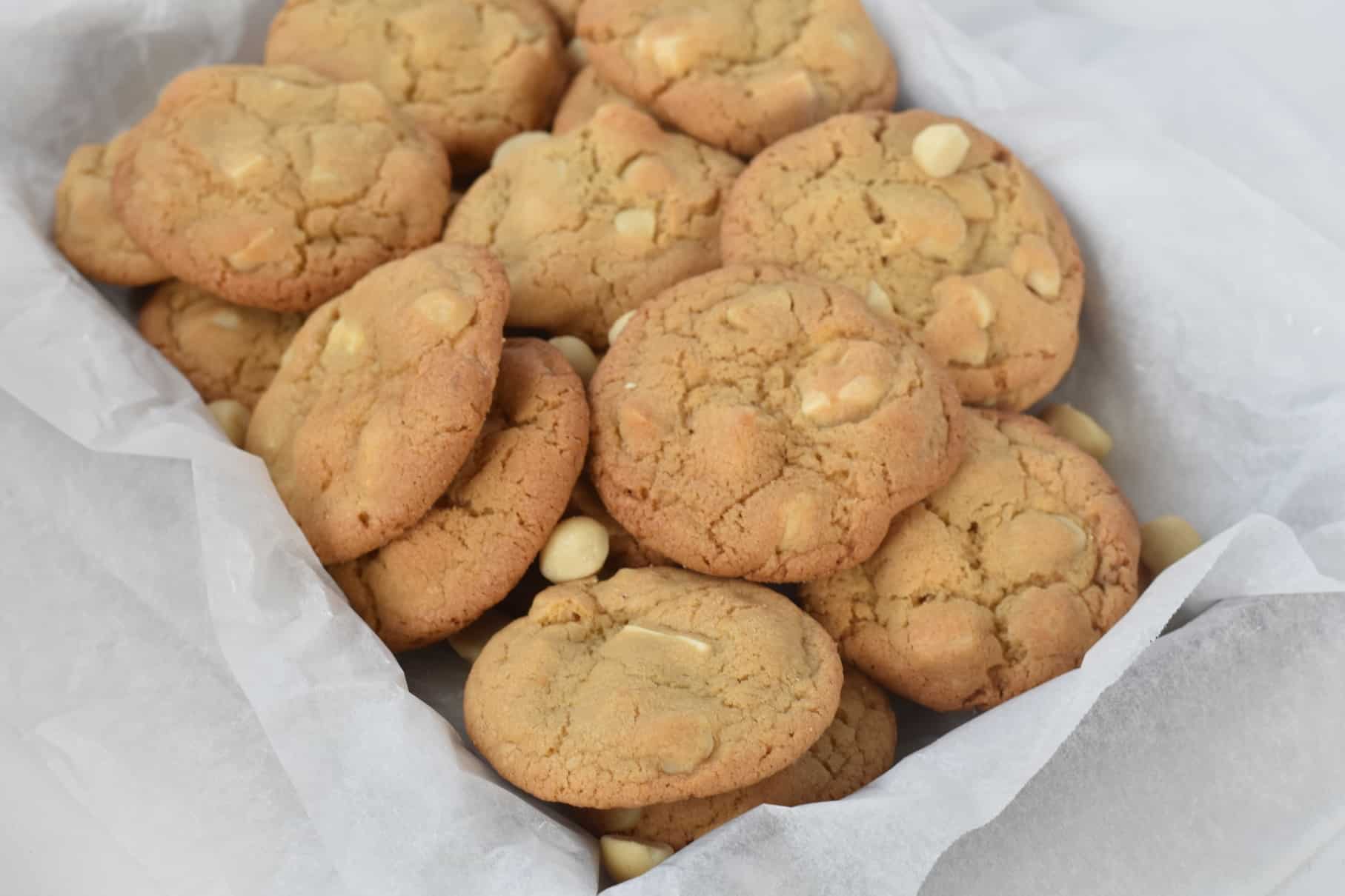 White chocolate macadamia nut cookies in baking tray.