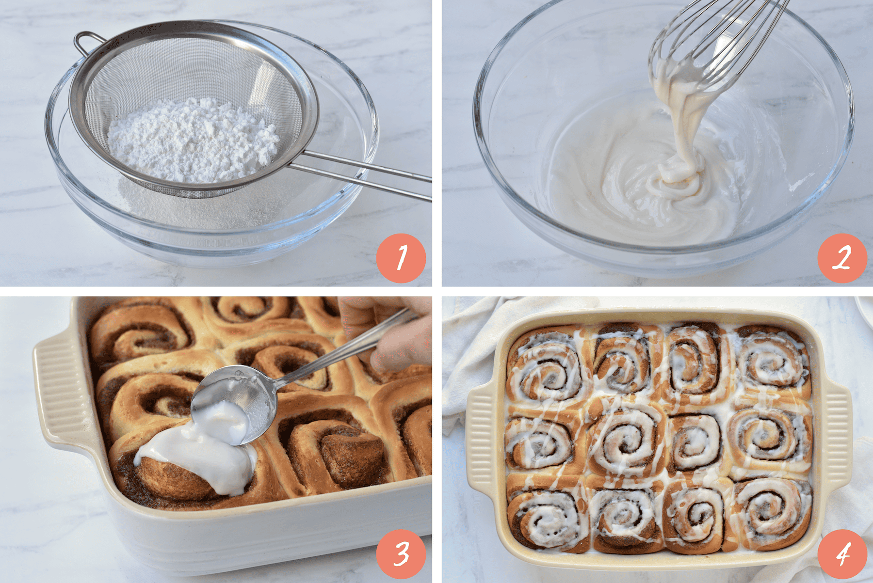 Collage showing how to glaze cinnamon rolls