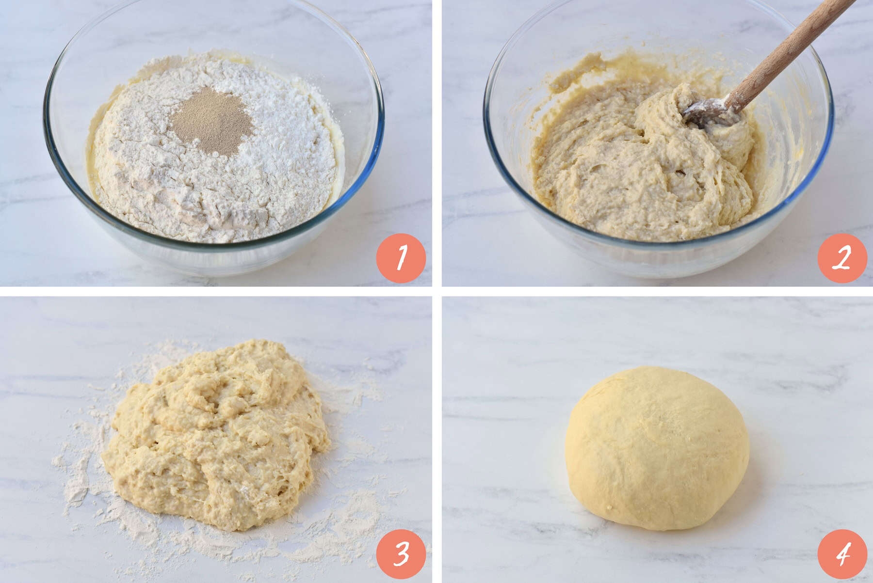 Collage showing how to make cinnamon roll dough.