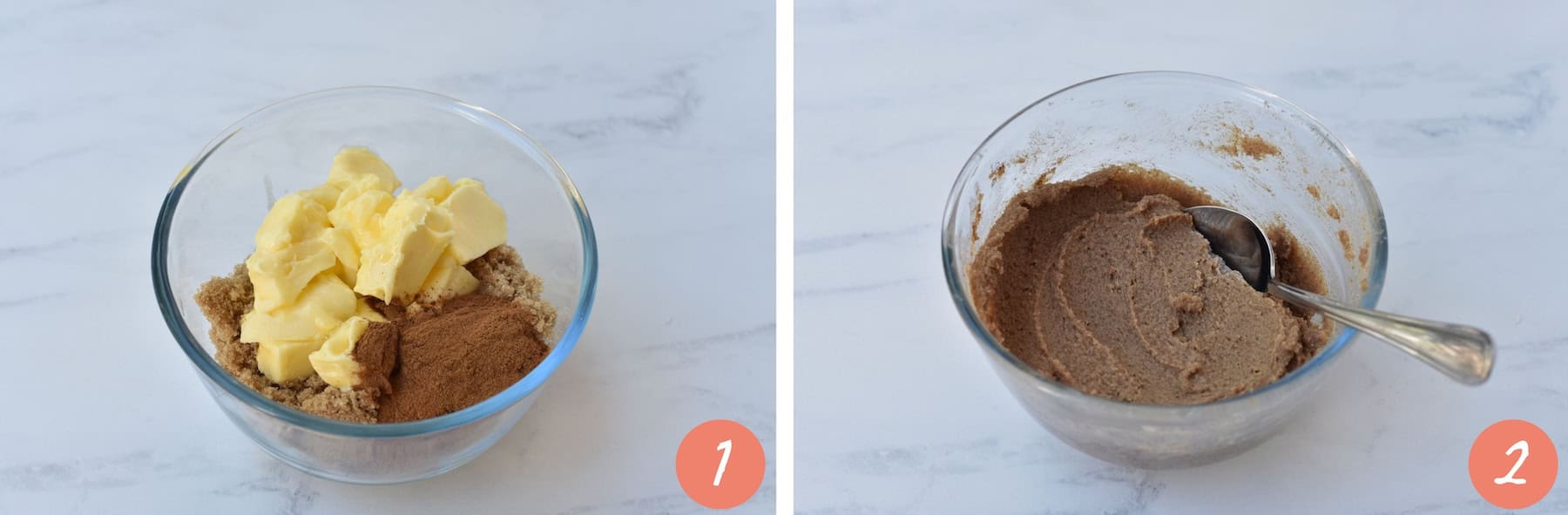 Before and after mixing cinnamon roll paste.