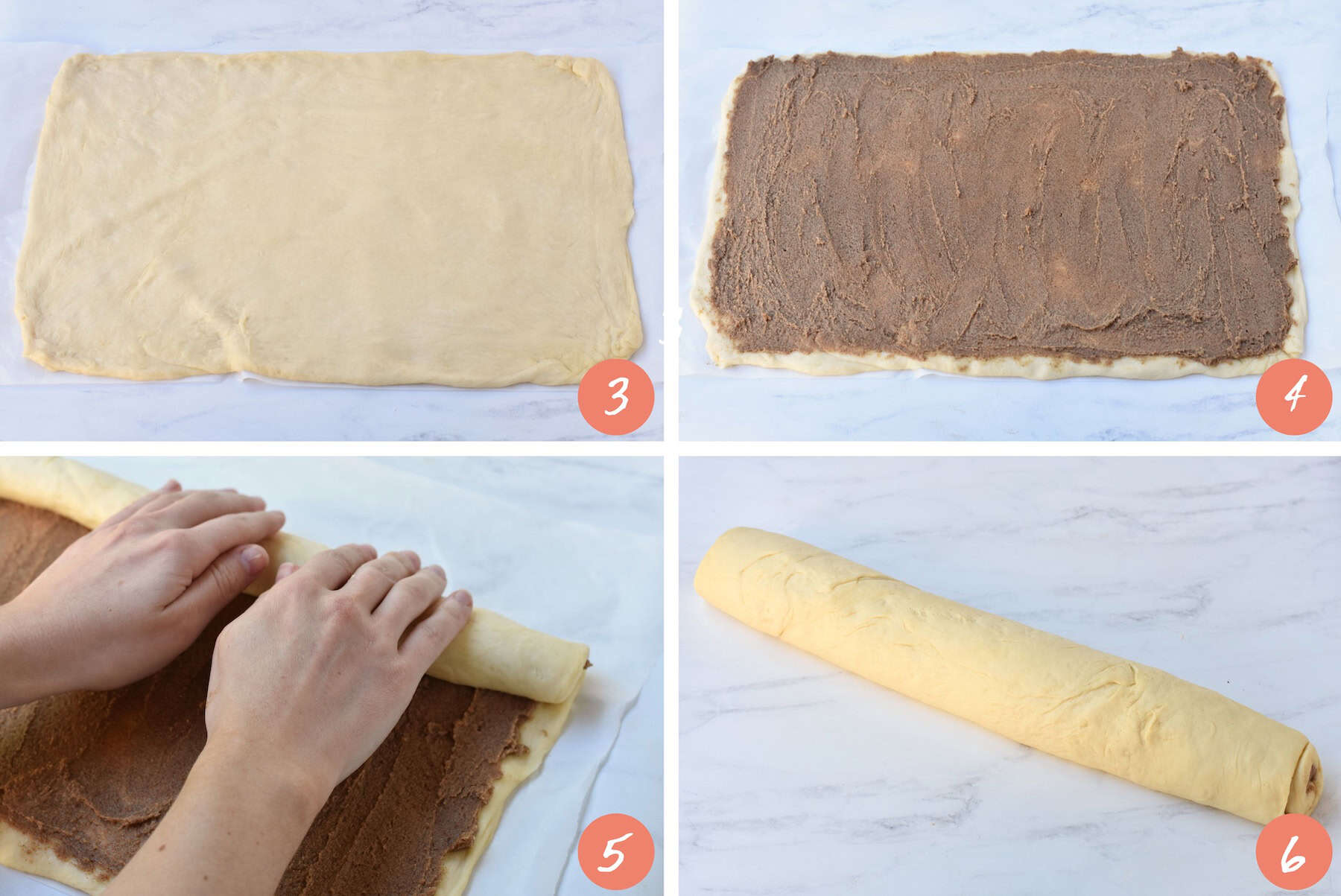 Rolling cinnamon roll dough into a log.