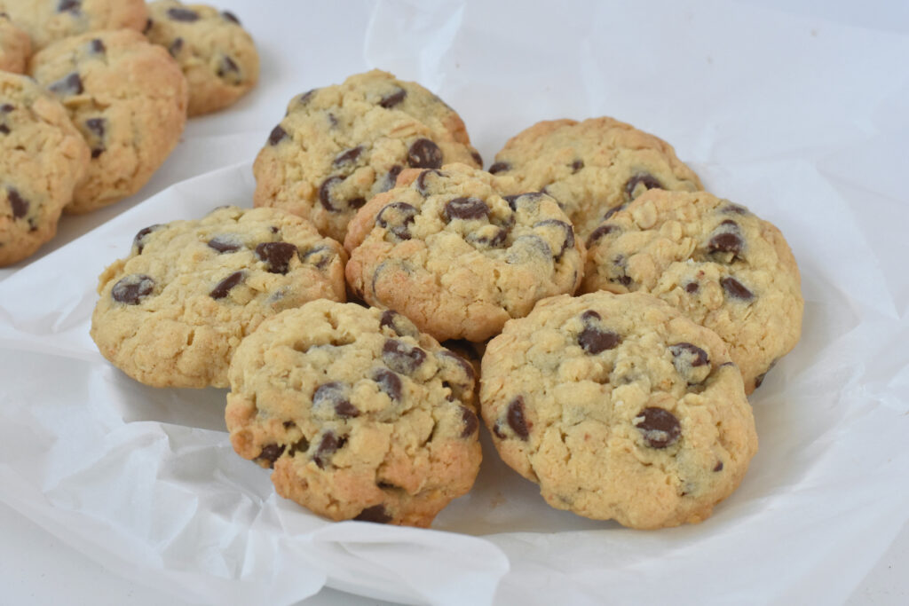 Plate of chocolate chip oat cookies.