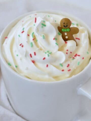 Gingerbraead Mug Cake with Whipped Cream and Sprinkles in Cup.