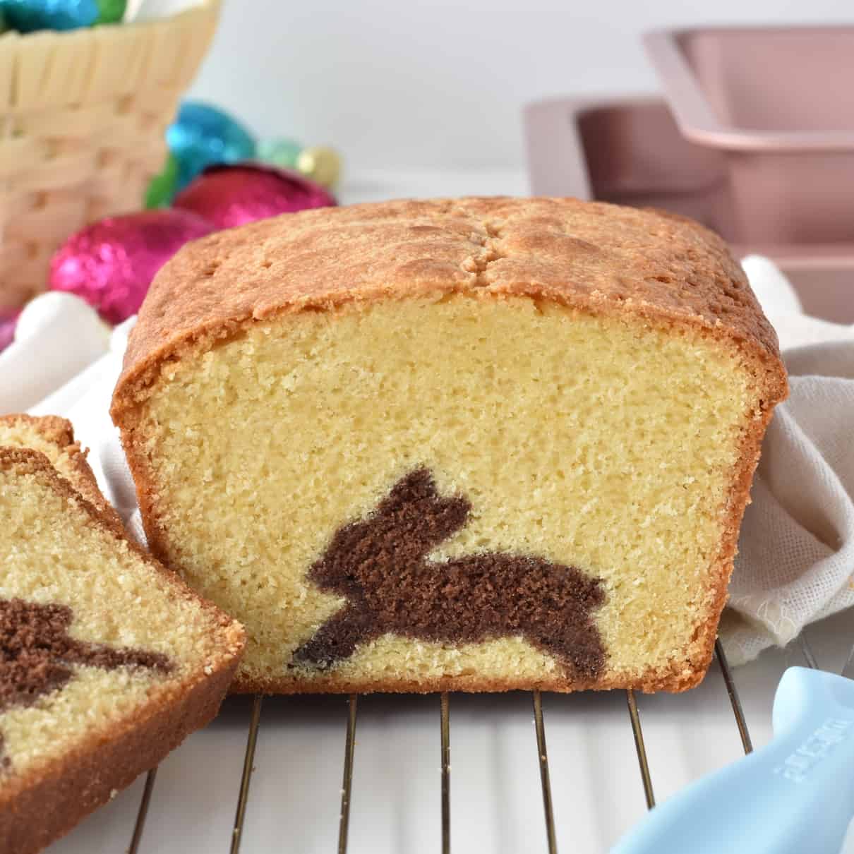 Bunny loaf with slice cut out.