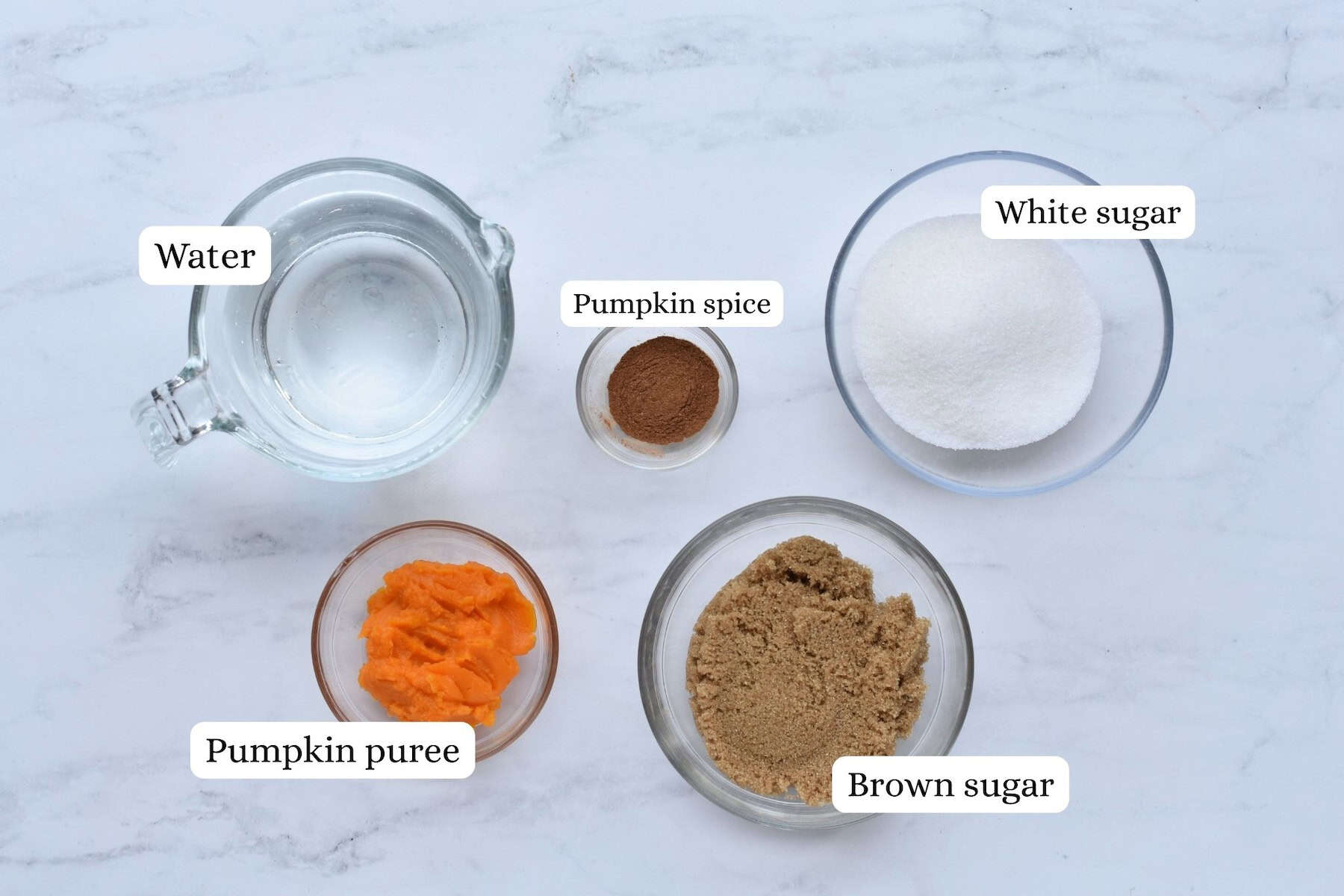 Ingredients in pumpkin spice syrup laid out in bowls.