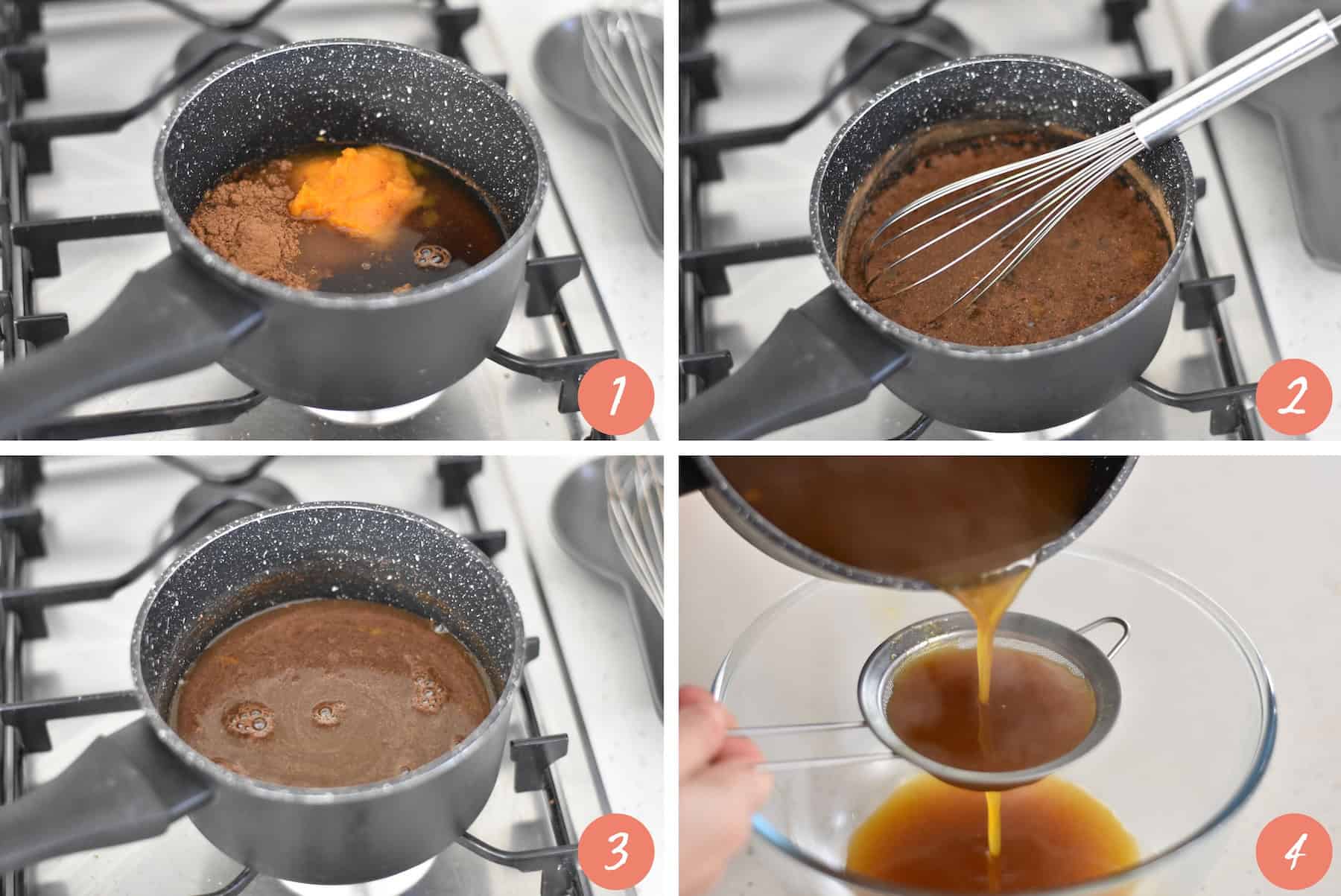 Steps to boiling and straining pumpkin spice syrup in a four image collage.