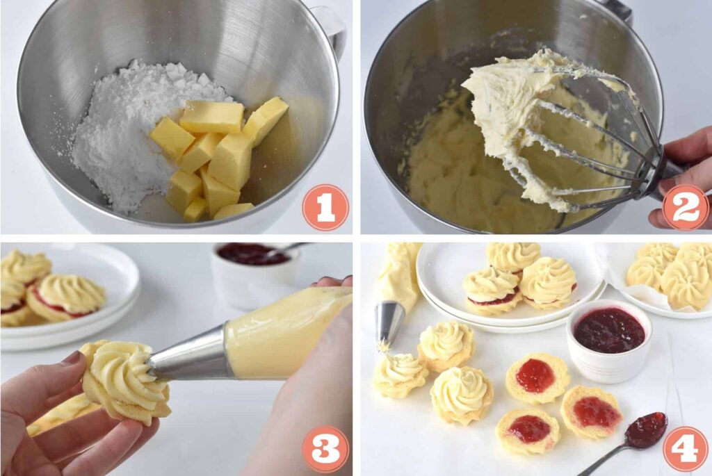 Collage of making and piping buttercream onto whirls.