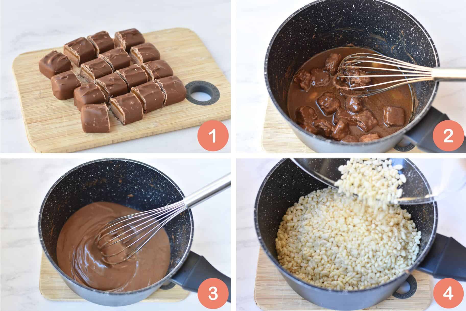 Four images showing chopped mars bars, melting them and pouring in rice bubbles.