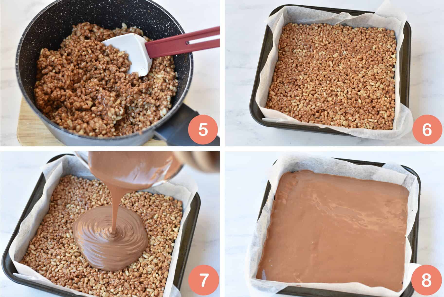 Four images showing mixed batter pressed into tin and pouring chocolate on top.
