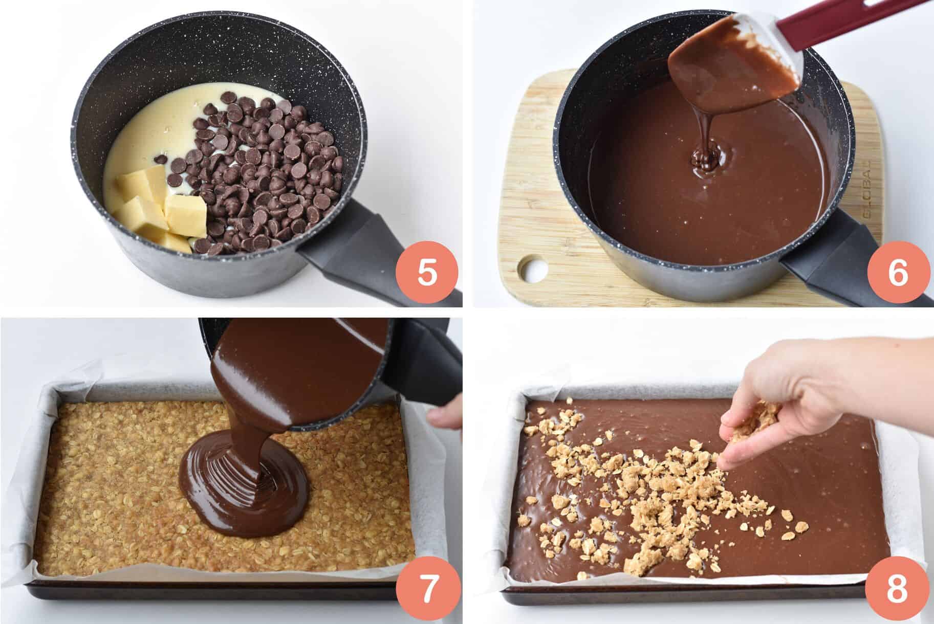Collage of steps 5 to 8 of making fudge layer.