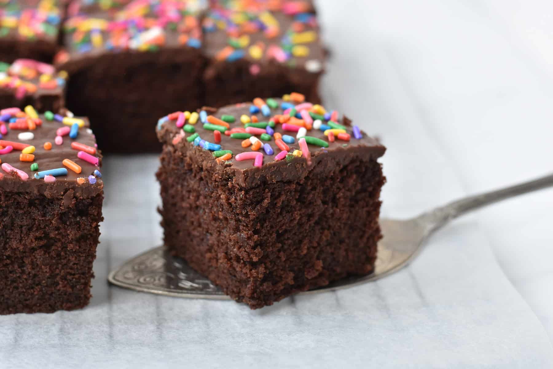 Slice of cake on cake server.