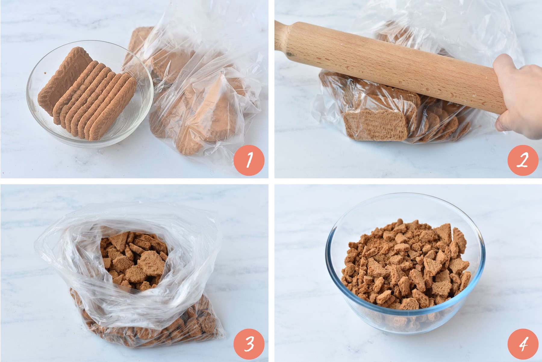 Four images in a collage showing crushing biscoff cookies.