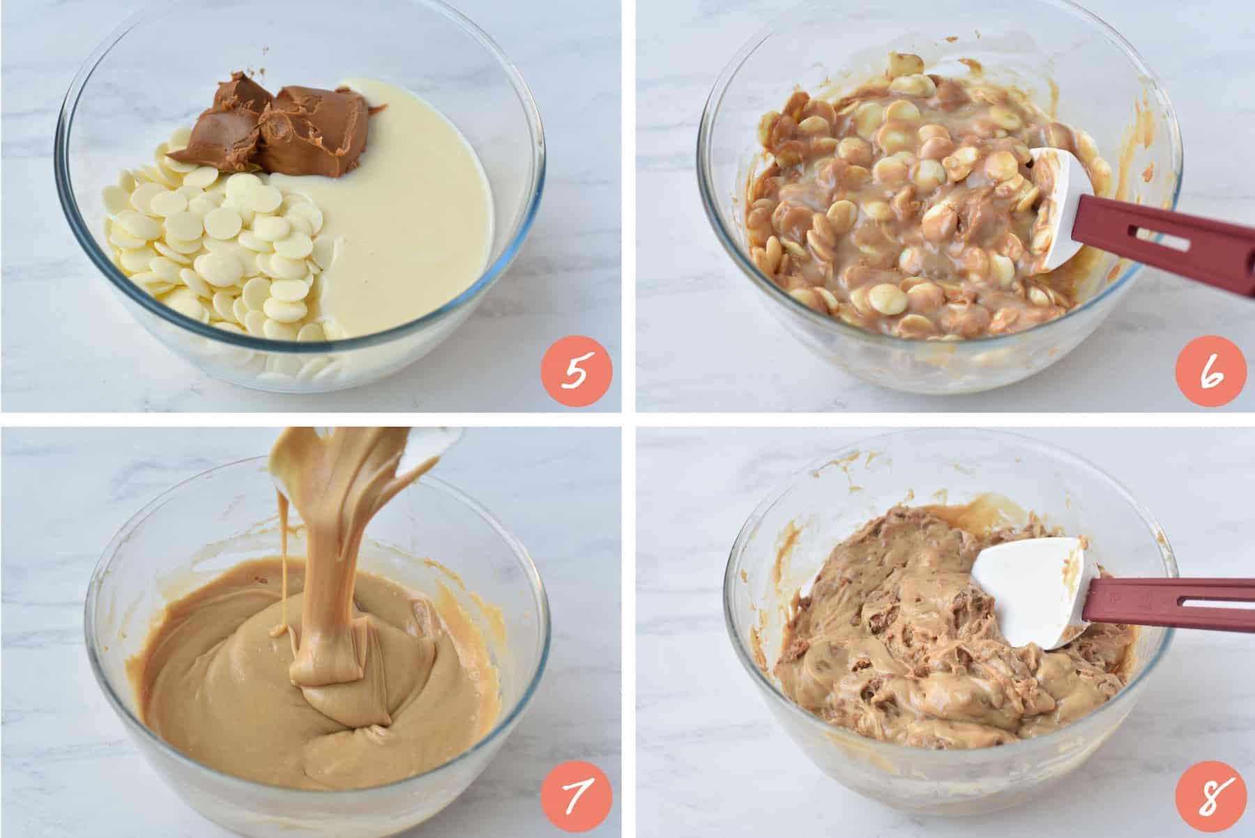 Four images in a collage showing melting together chocolate, condensed milk and biscoff.