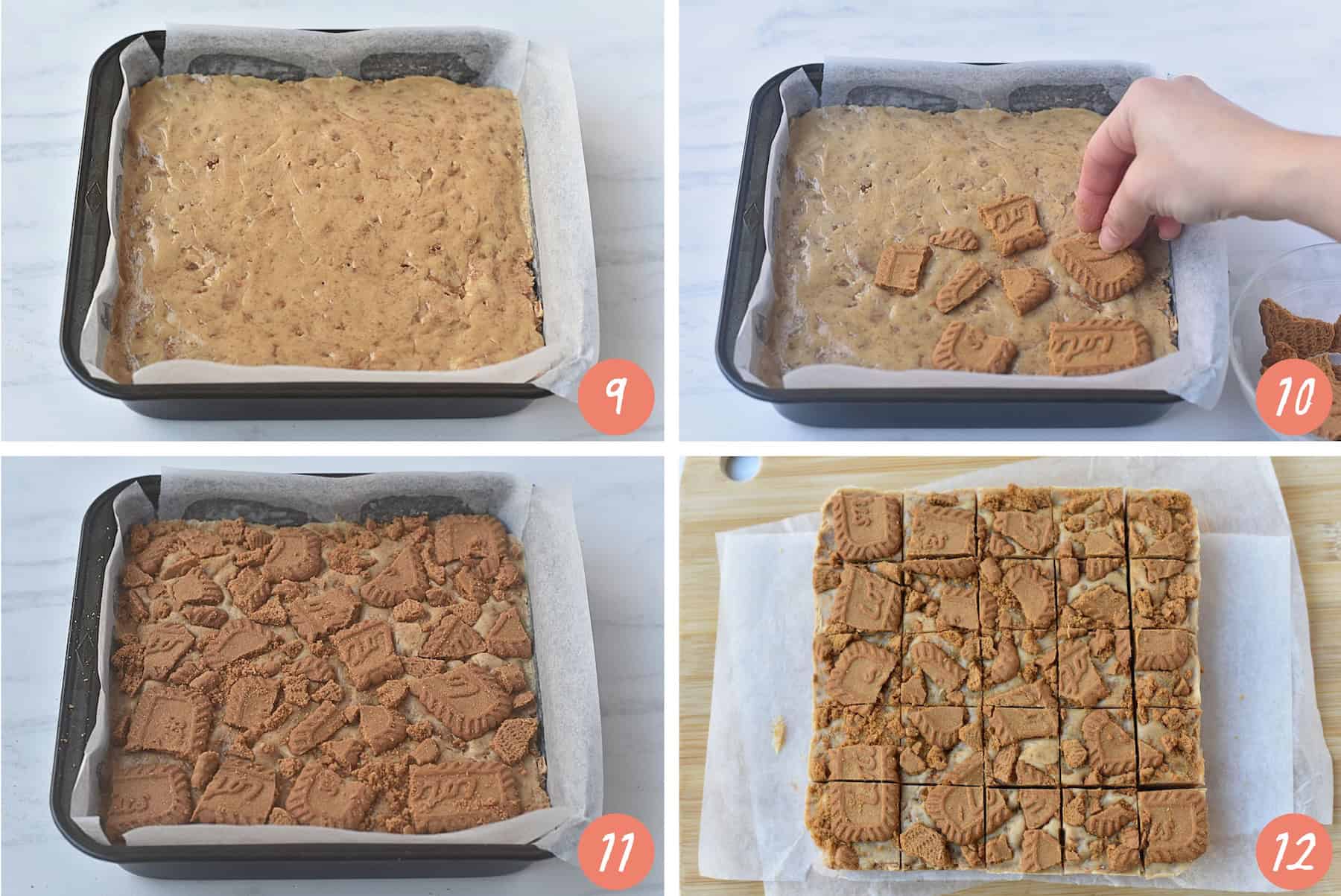 Four images in a collage showing decorating biscoff fudge in a pan.