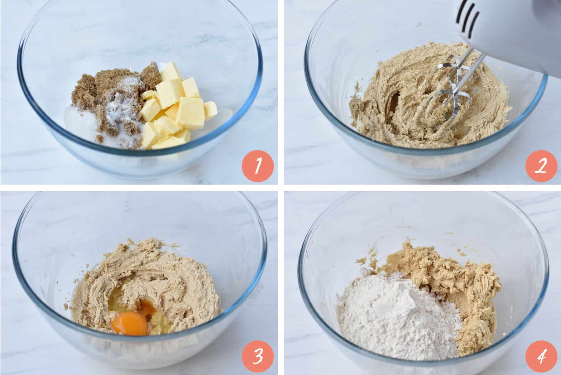 Collage of creaming together butter and sugar.