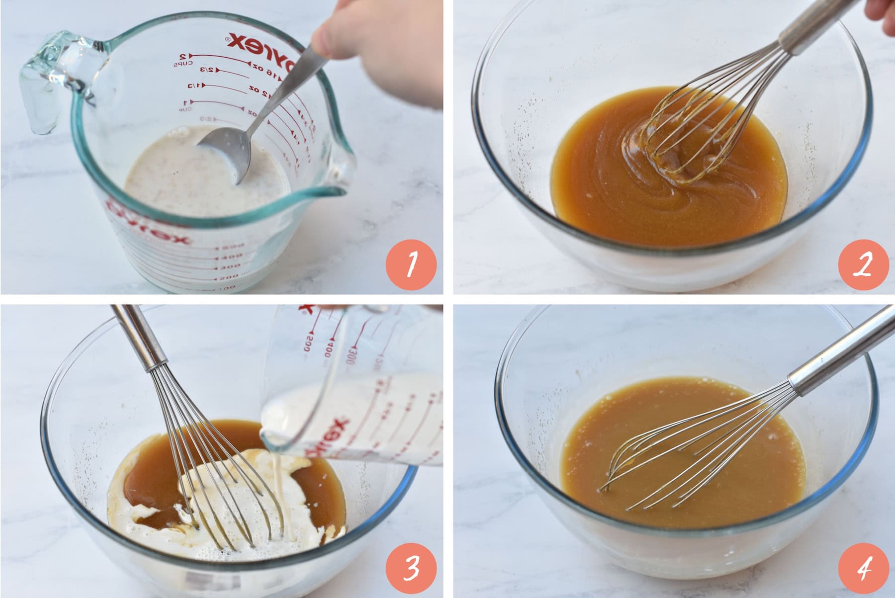 Step by step photos of stirring milk and whisking into butter.