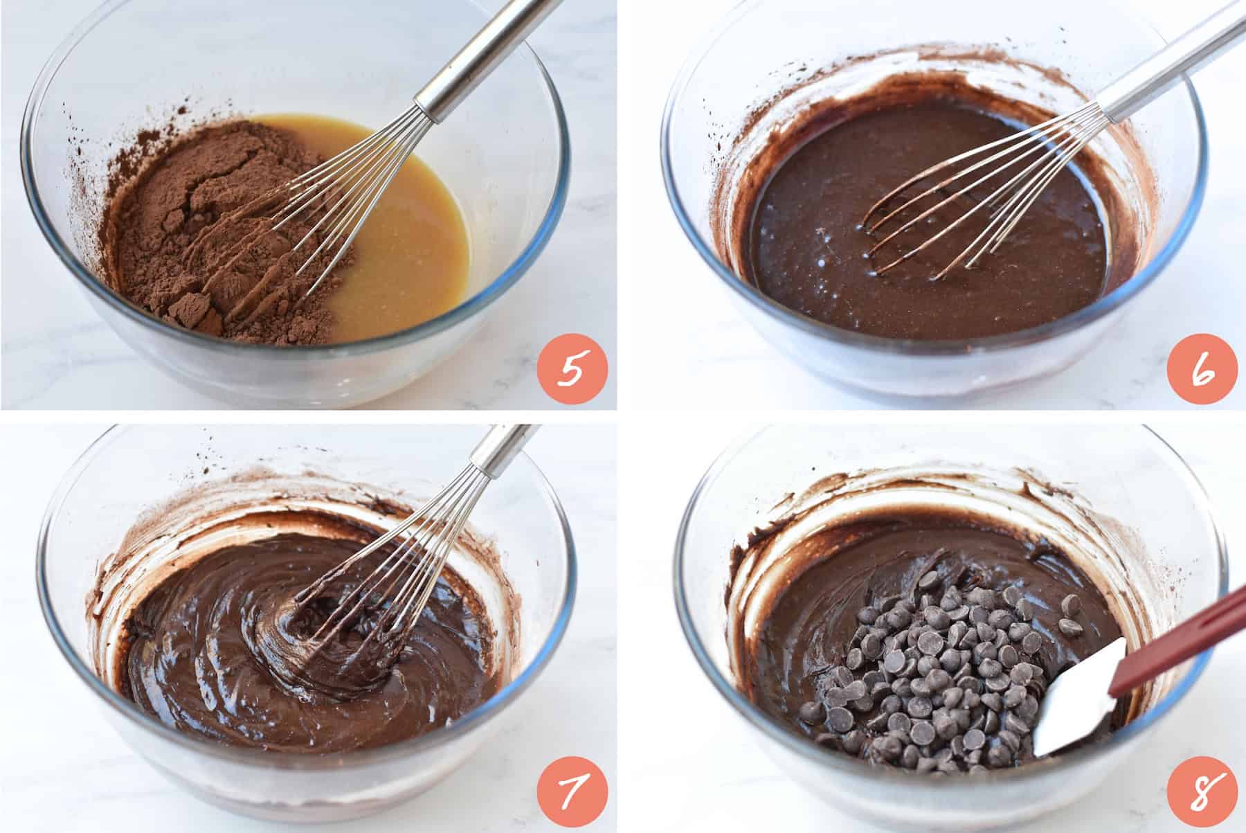 Step by step photos of adding dry ingredients to batter.