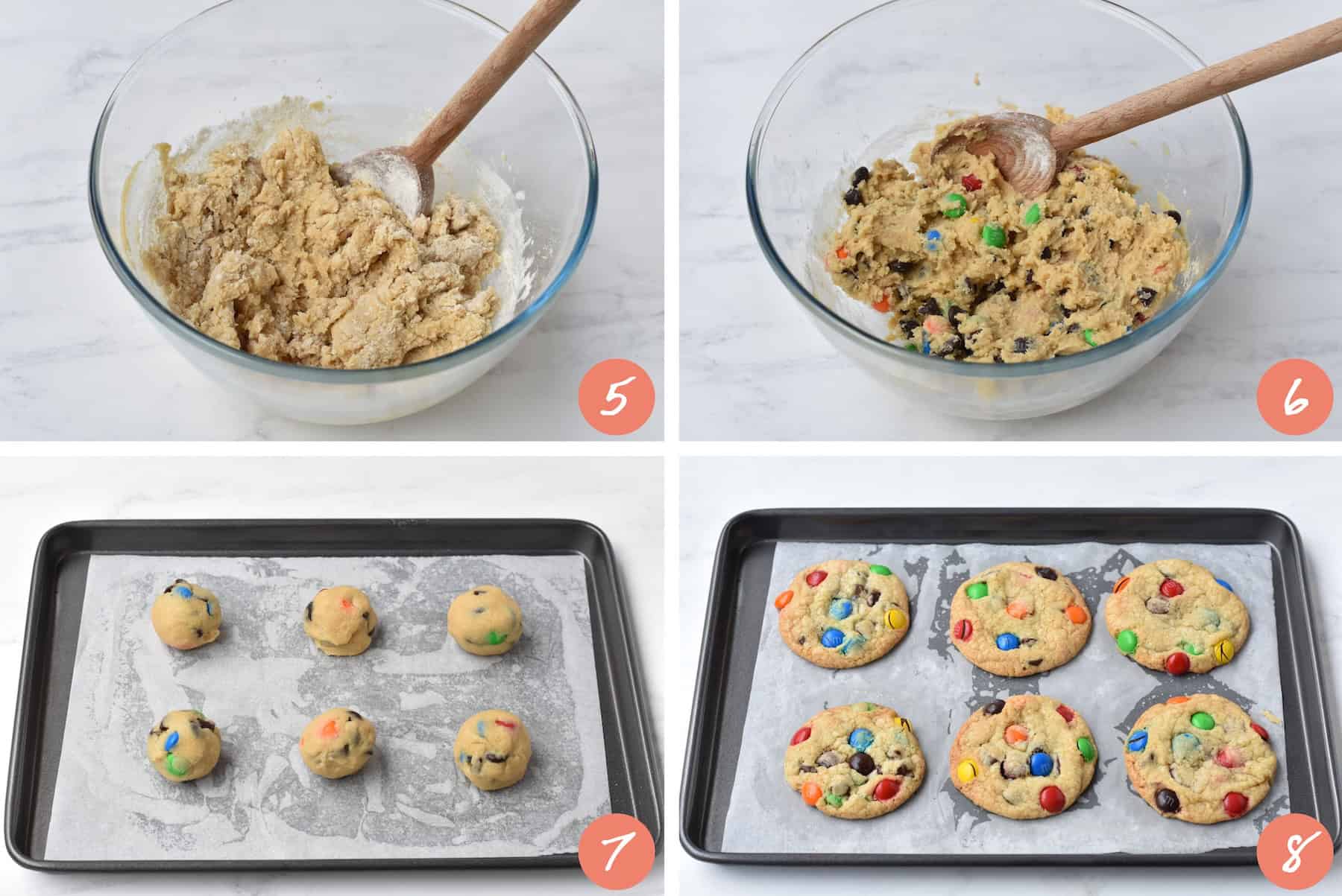 Collage showing how to make M&M cookies.