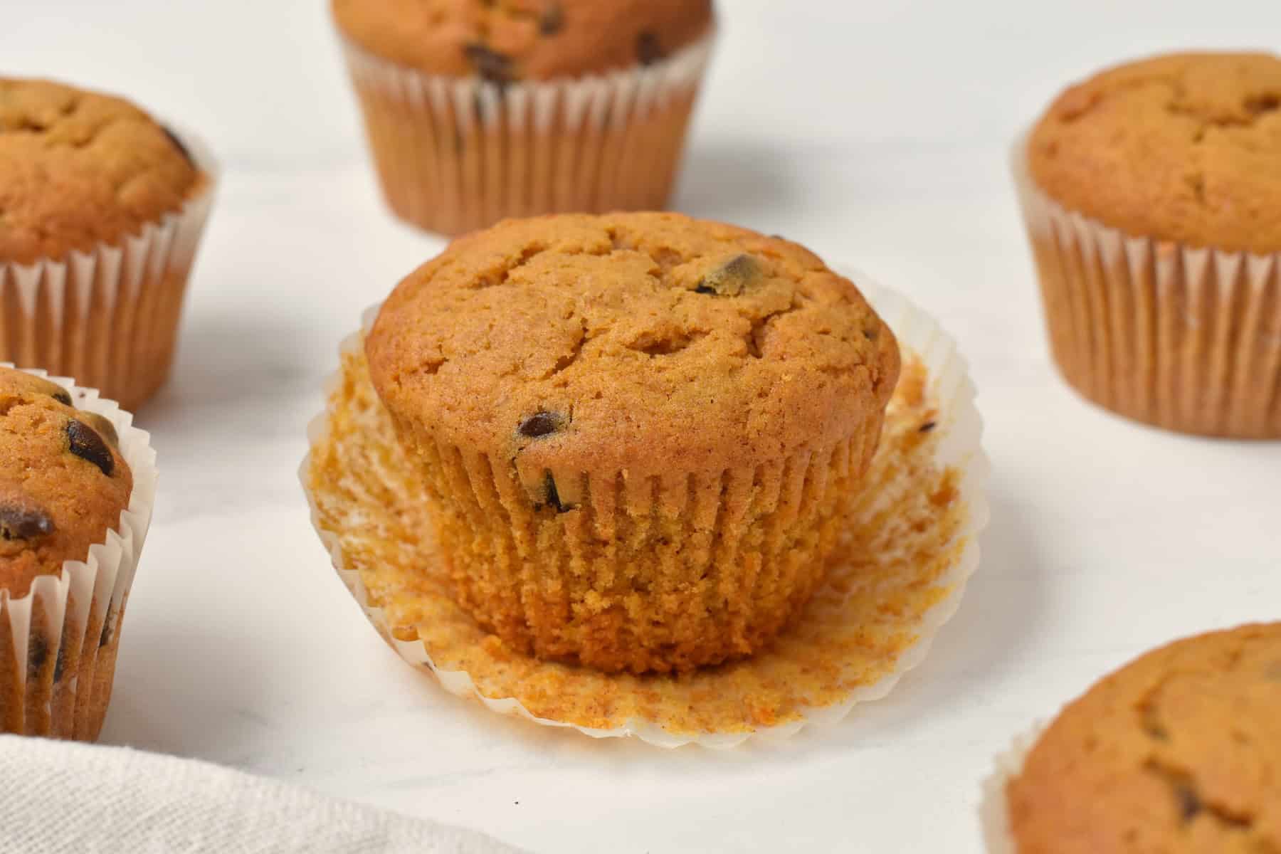 Chocolate chip pumpkin muffin unwrapped.