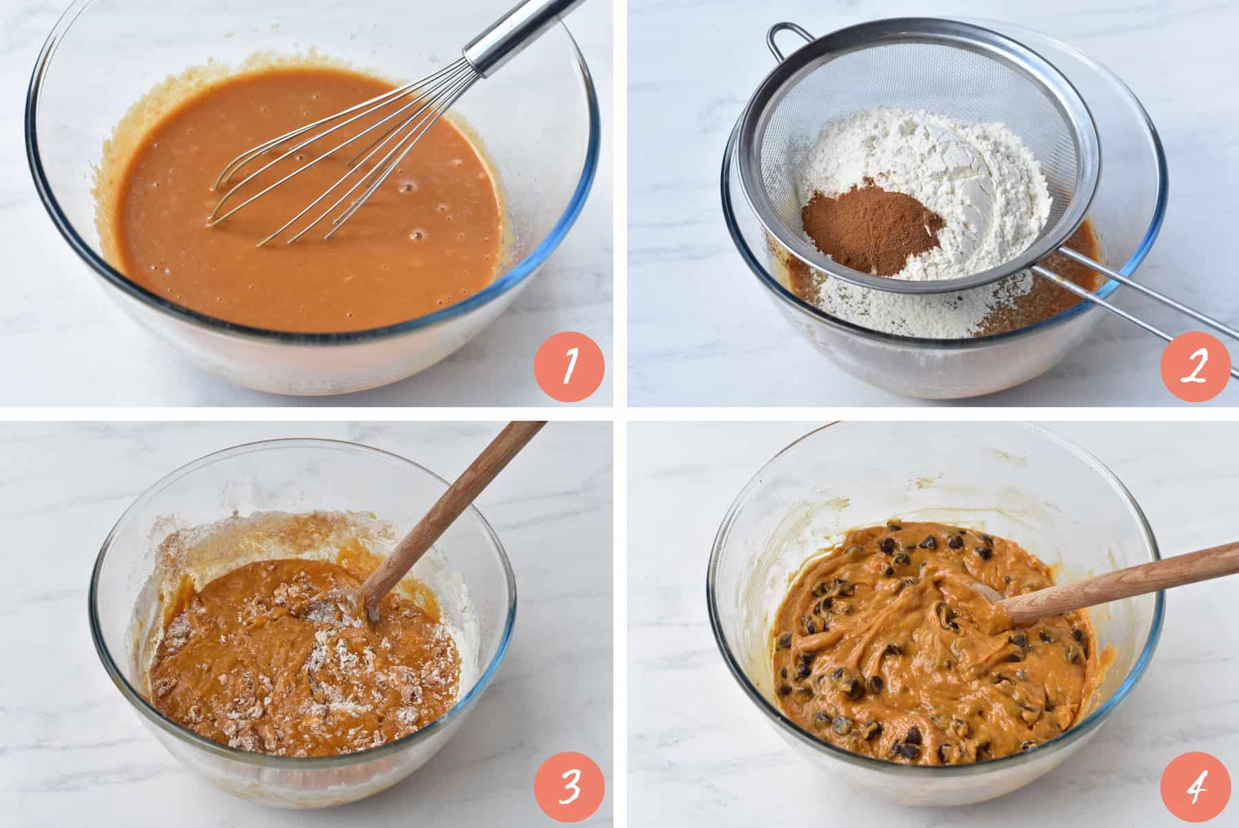 Steps of making pumpkin muffin batter.