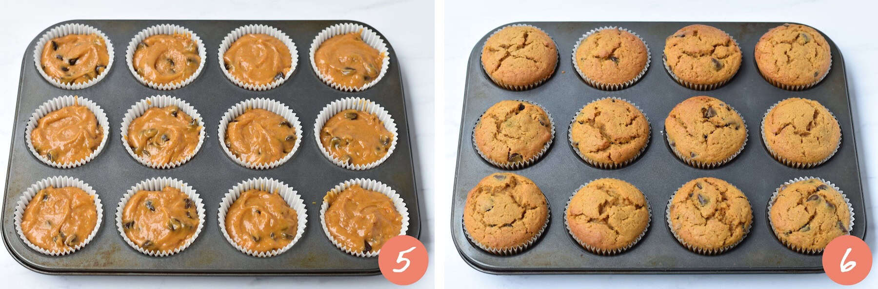 Before and after photos of baking chocolate chip pumpkin muffins.