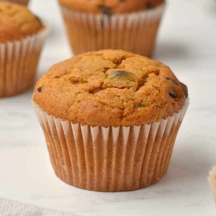 Chocolate chip pumpkin muffins on bench top.