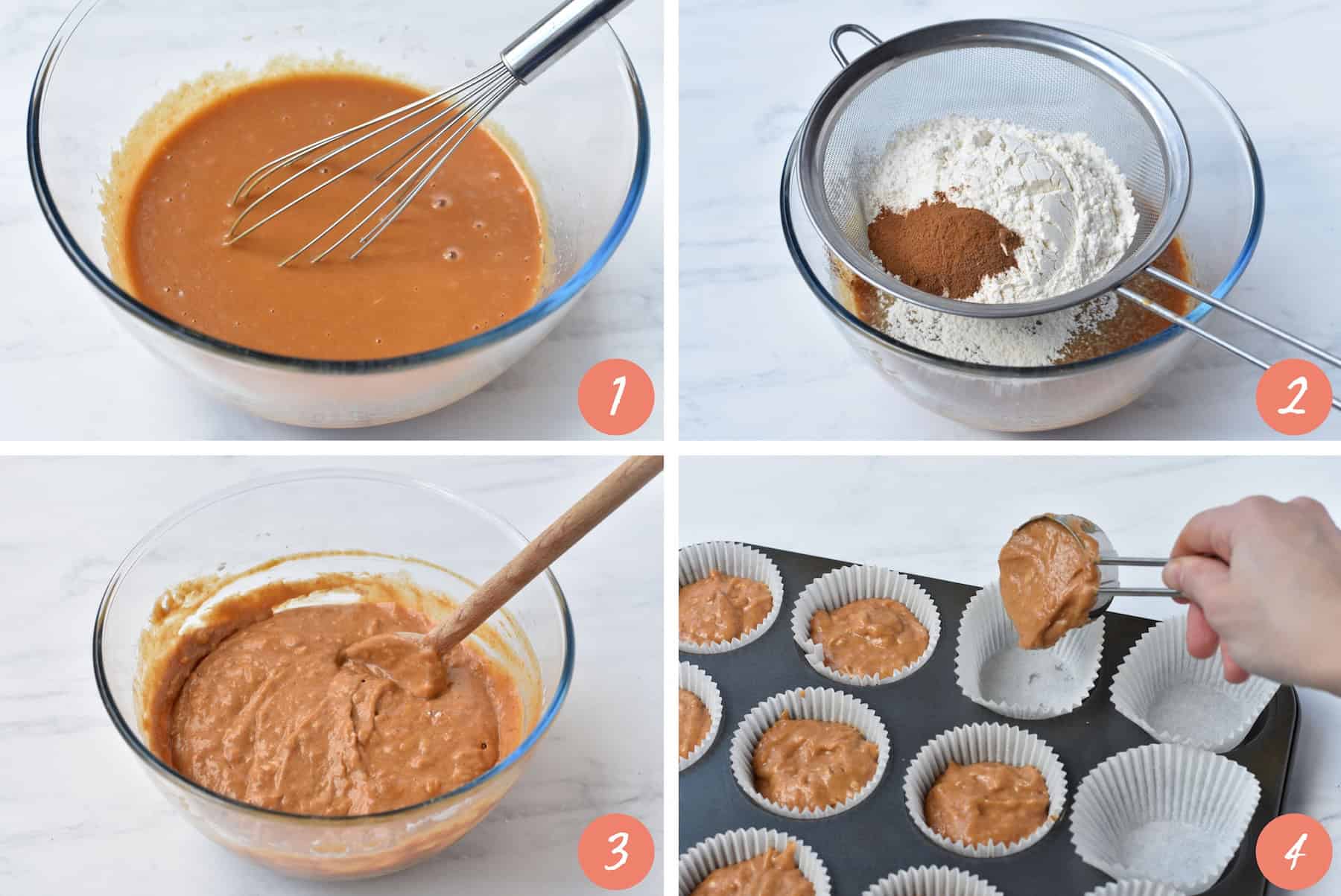 Collage showing pumpkin muffin batter being made.