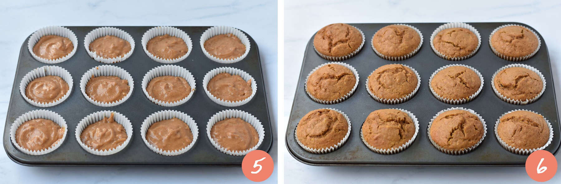 Before and after photos of pumpkin muffins being baked.
