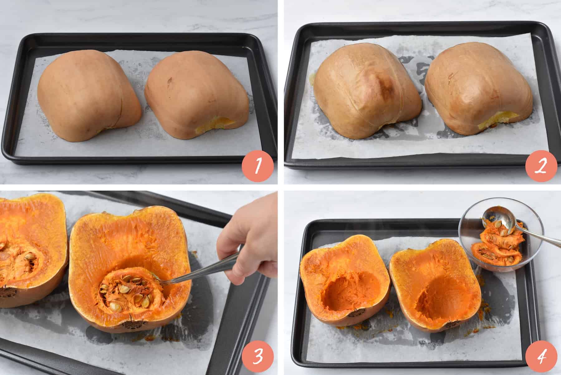 Four images showing pumpkin being cooked then scooped out.