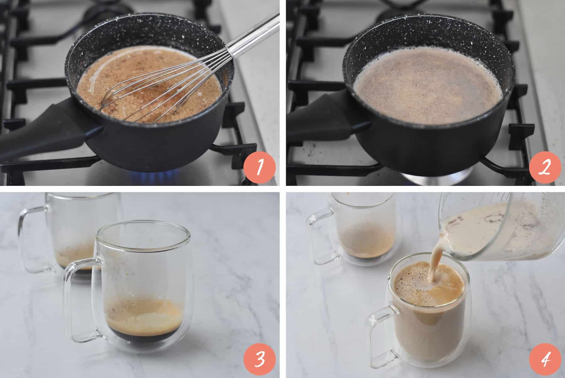 Steps of making pumpkin spice latte in a collage.