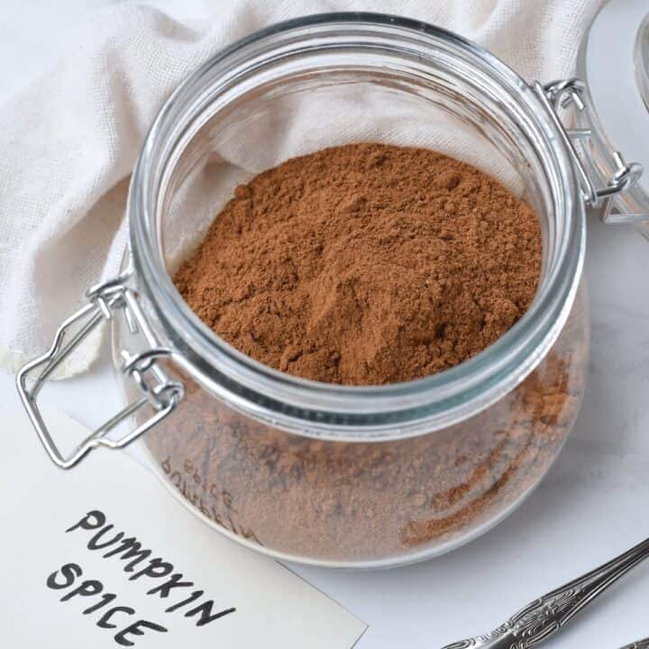 Pumpkin spice mix in a large glass jar.