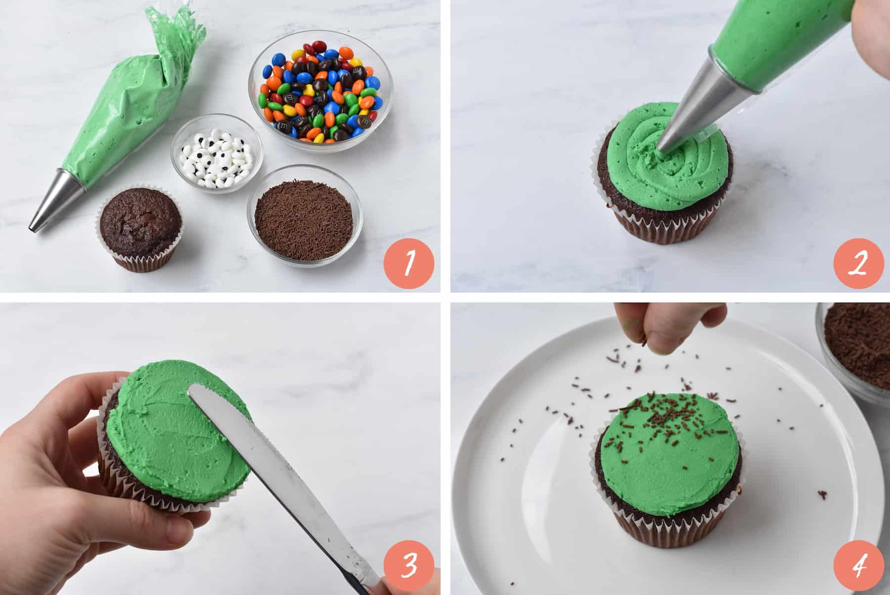 Collage showing how to make Frankenstein cupcake.