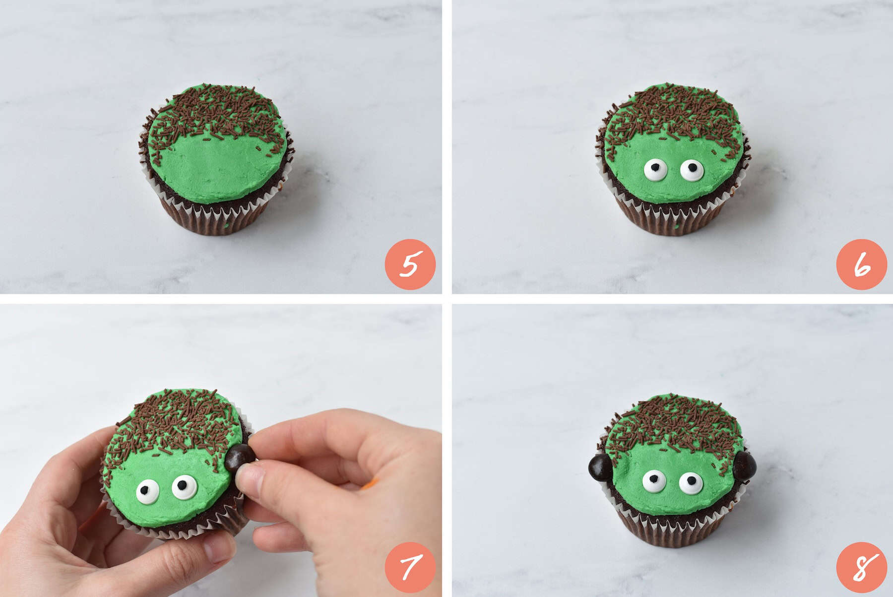 Collage showing how to make Frankenstein cupcake.