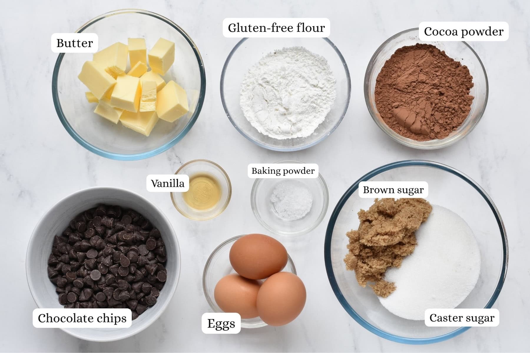Ingredients in Gluten Free brownies laid out in bowls.