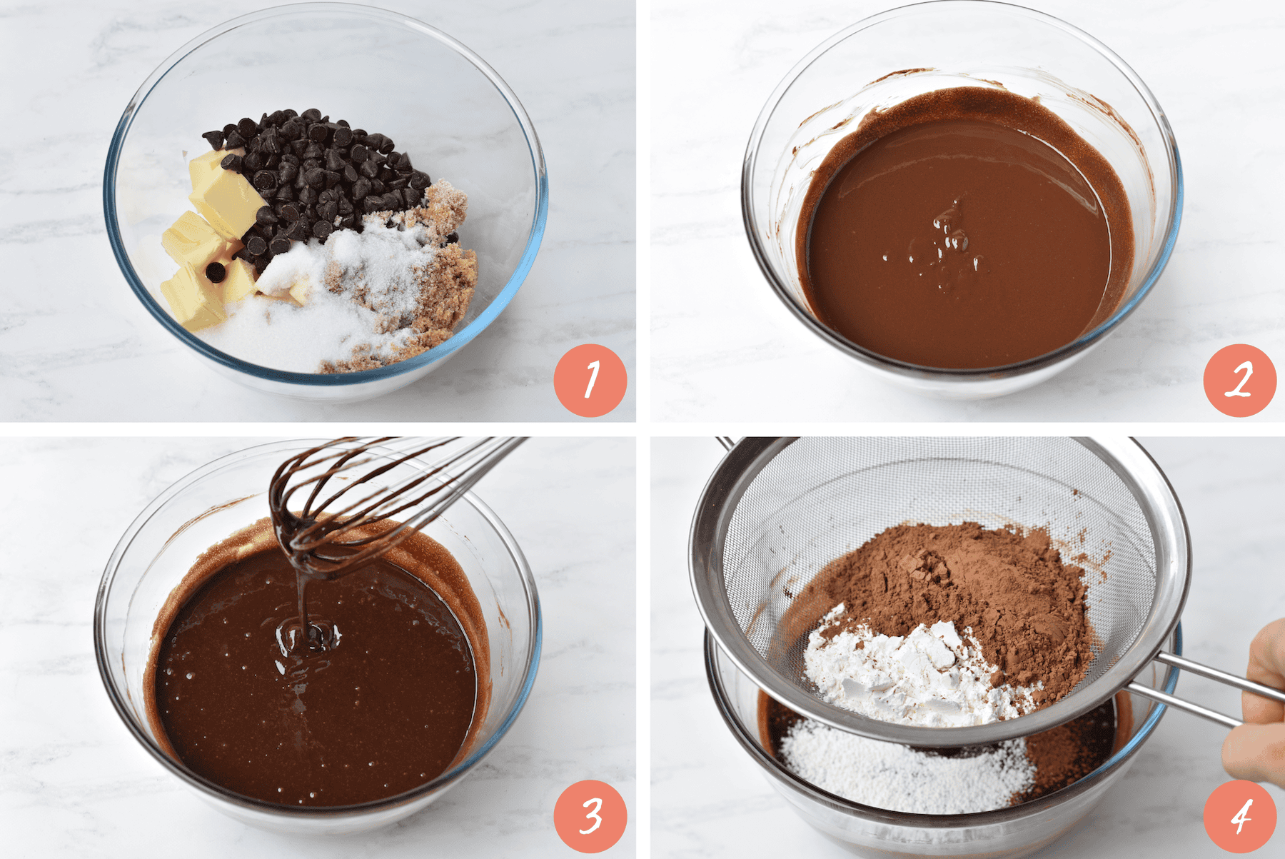 Collage showing melting butter and sugars and adding dry ingredients.