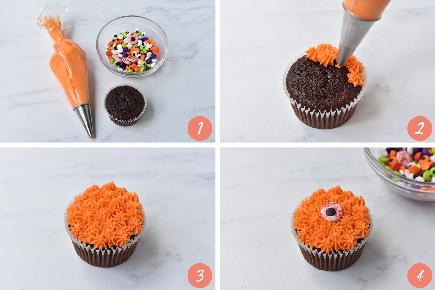 Collage showing how to make monster cupcake.