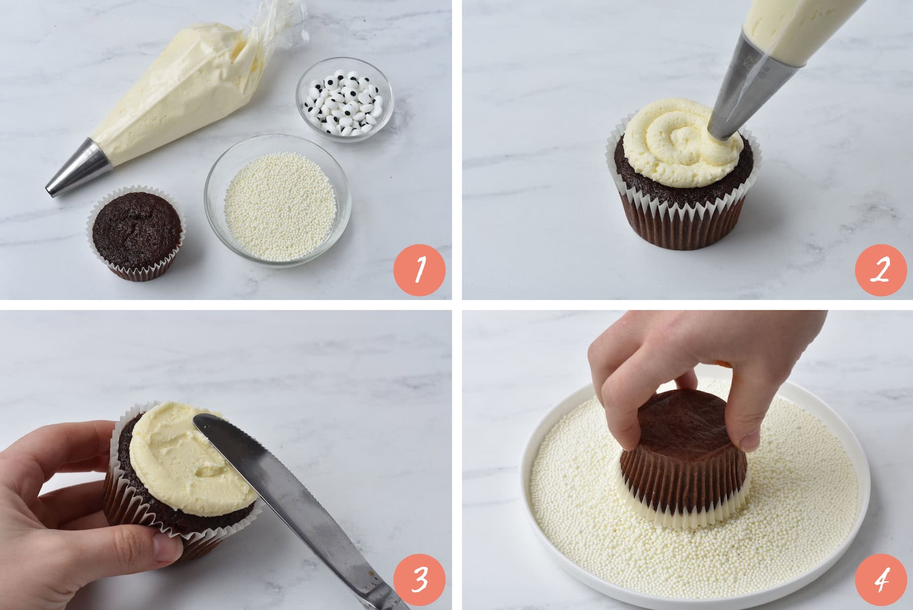 Collage showing how to make mummy cupcake.