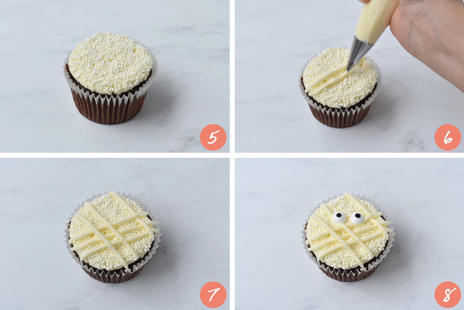 Collage showing how to make mummy cupcake.