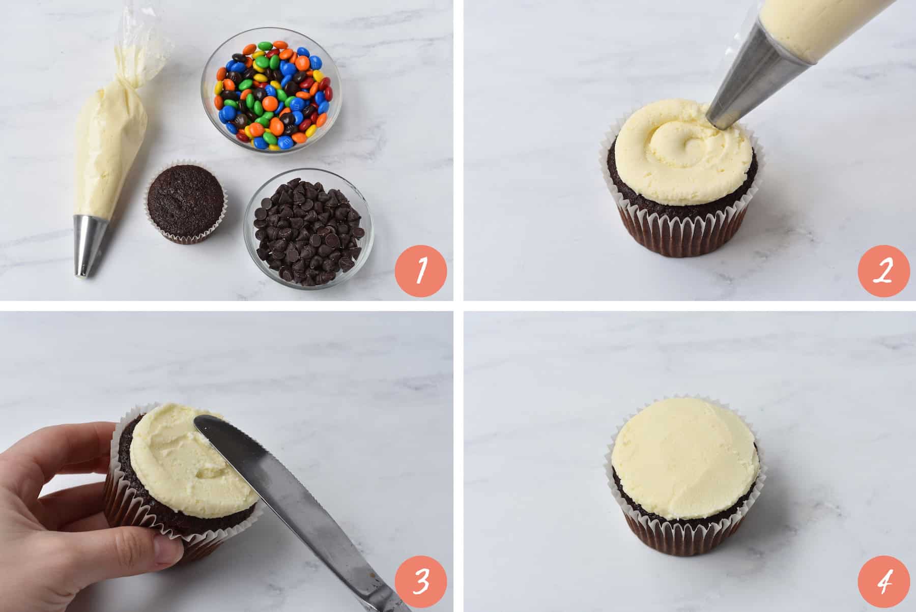 Collage showing how to make mummy cupcake.