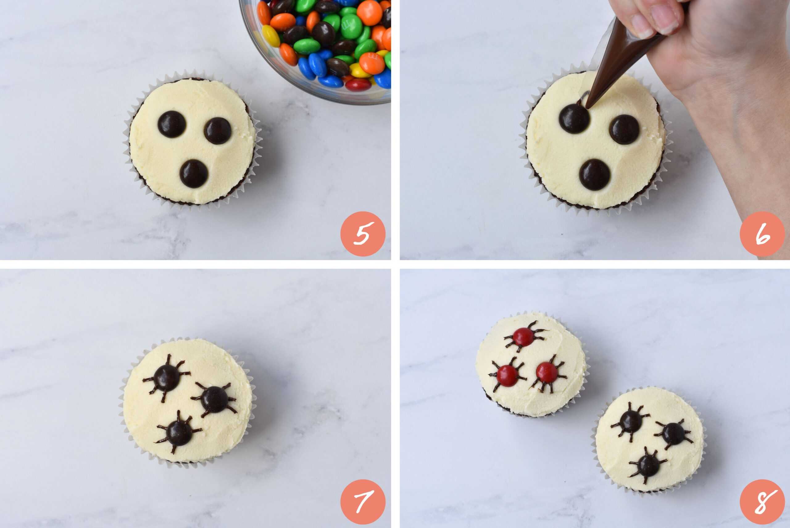 Collage showing how to make spider cupcake.