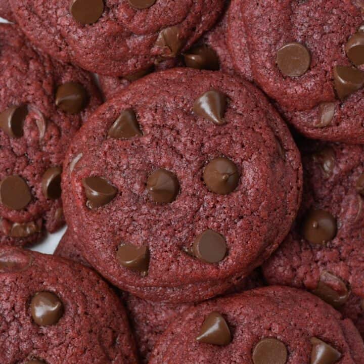 Red velvet cookies photographed from above.