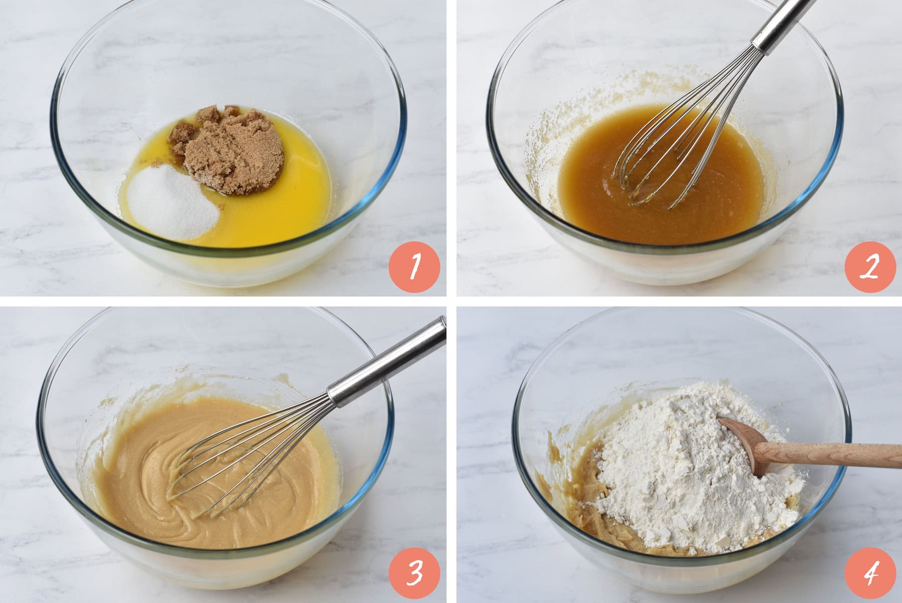 Step-by-step photos of mixing cookie dough.