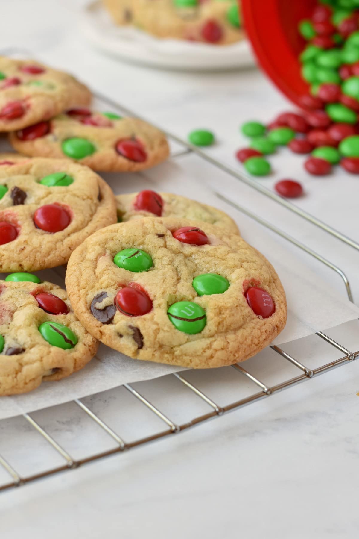 M&M Christmas Cookies on cooling rack.
