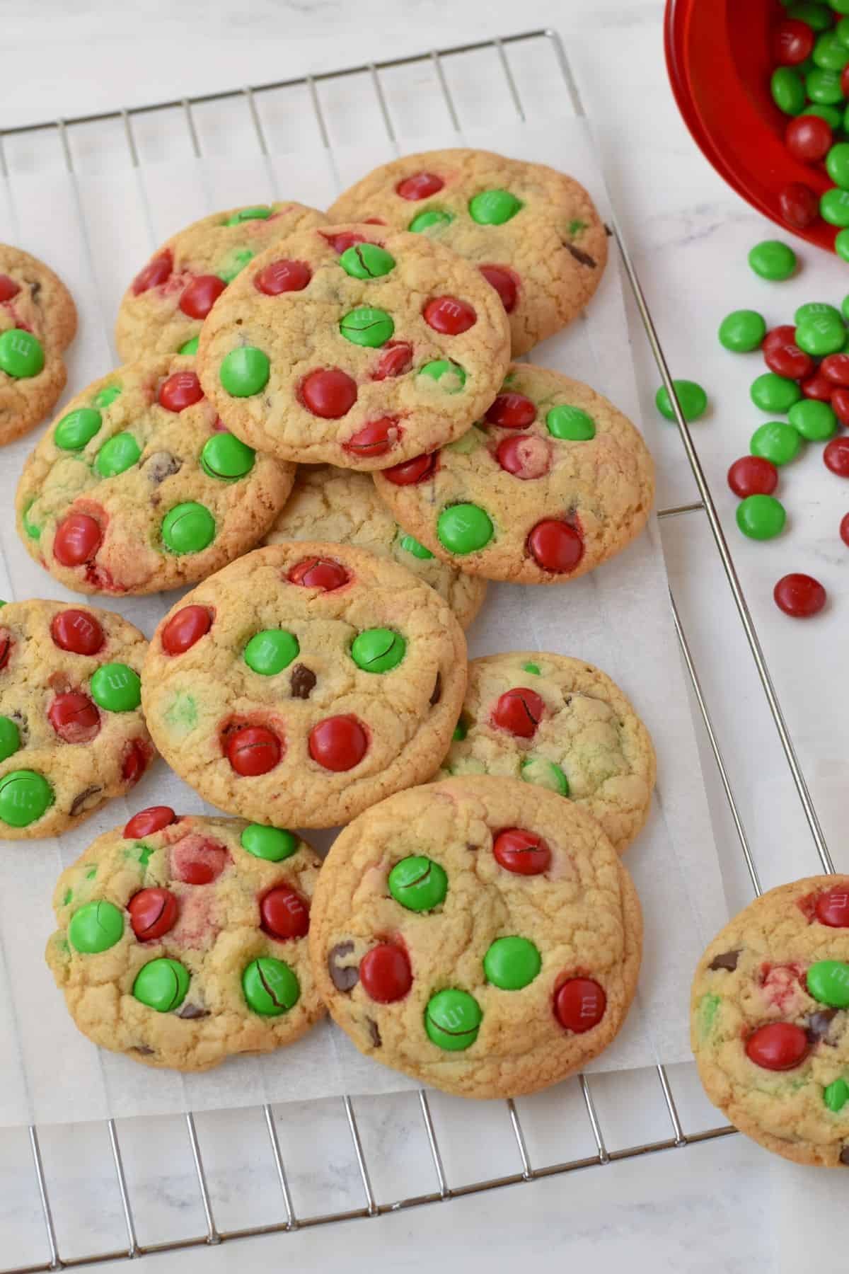 M&M Christmas Cookies on cooling rack.