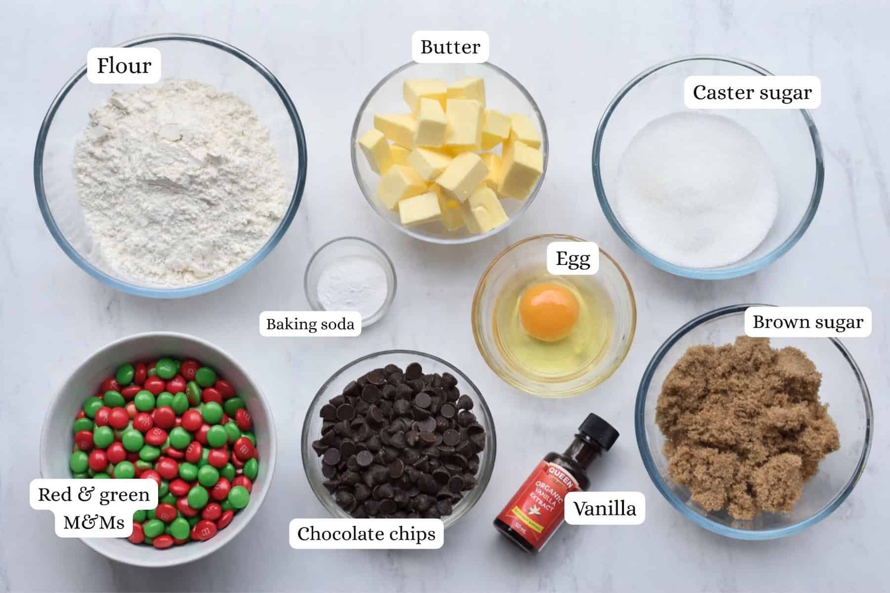 Ingredients in individual bowls photographed from above.